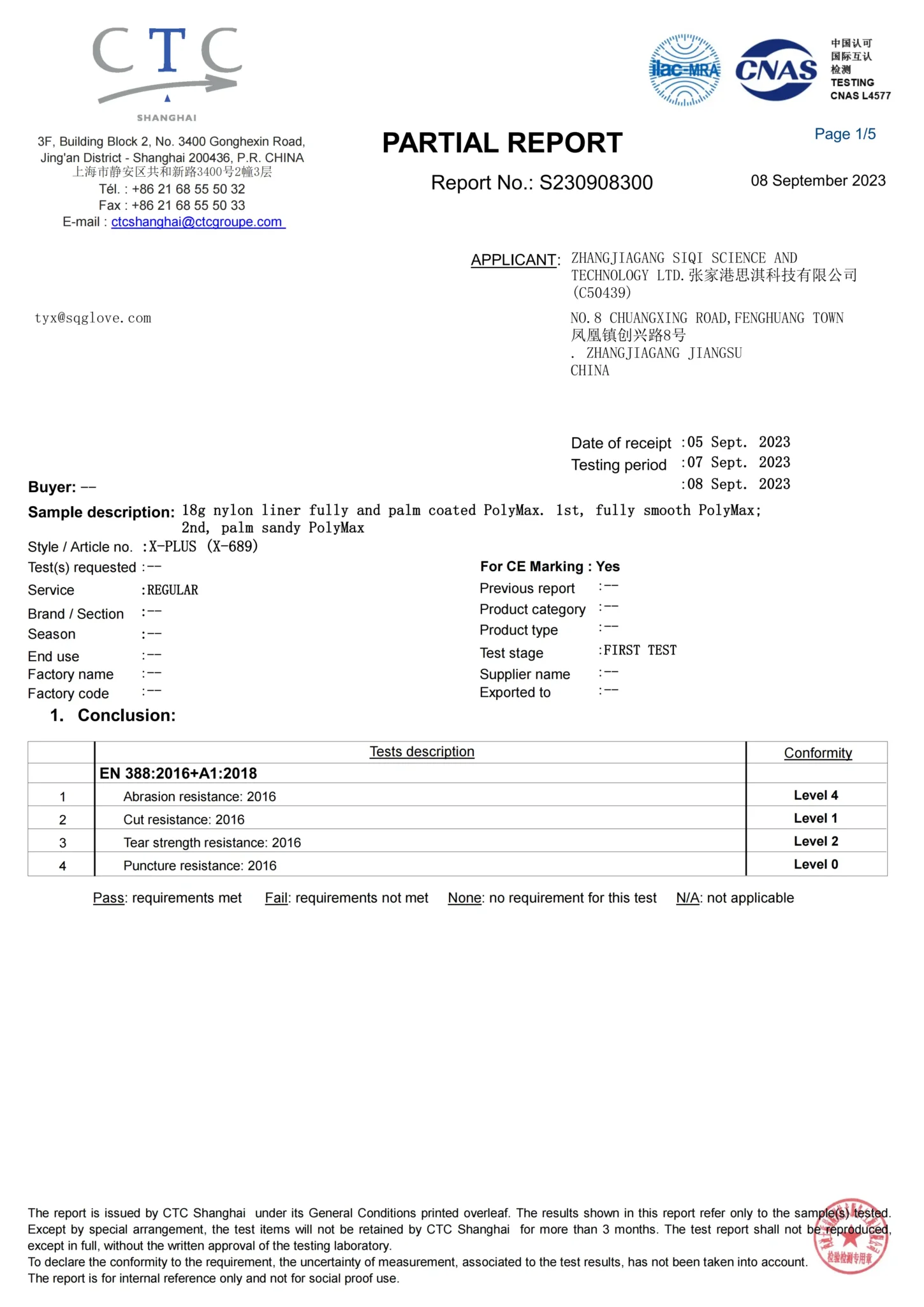 SQG Industrial Safety Glove CE EN388 Certification
