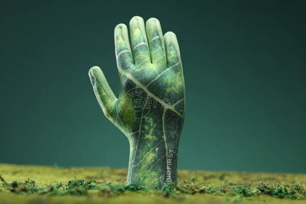 Eco-friendly BIO-FIRST protective gloves engineered with USDA-certified bio-based materials to reduce carbon footprint in industrial work.