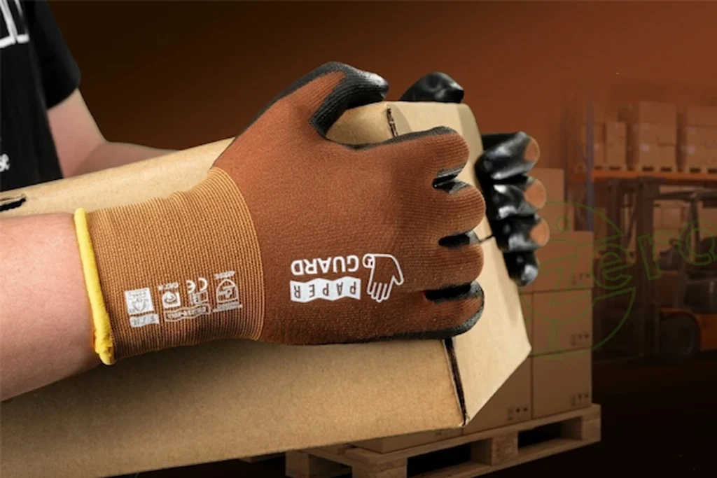 Detailed view of PaperGuard eco-friendly safety gloves manufactured from FSC-certified paper yarn for sustainable hand protection.