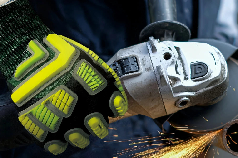 Sharp blade testing the extreme cut resistance of a SQG TekArmor glass-free safety glove.