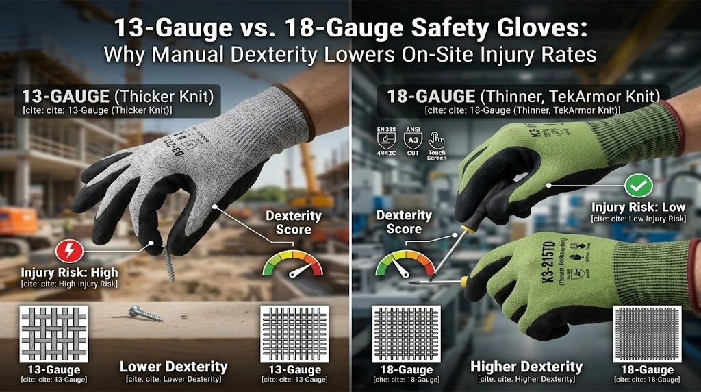 A high-end industrial blog featured image comparing traditional 13-gauge rigid safety workwear versus advanced SQG 18-gauge TekArmor high-dexterity cut-resistant work gloves for B2B procurement.