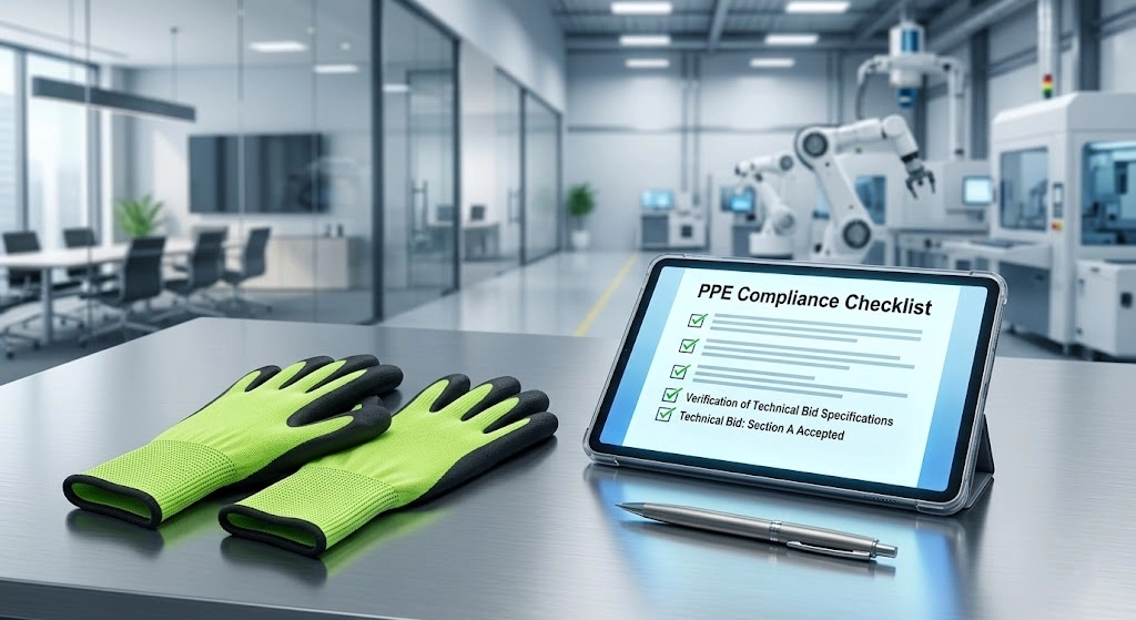 A professional featured image for industrial PPE bidding compliance showing high-performance cut-resistant gloves next to a digital procurement tablet.