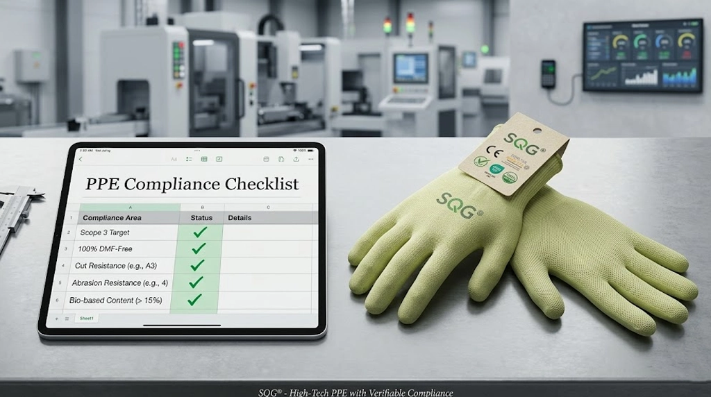 Future of Green PPE featured image showing SQG sustainable bio-based PU coated cut resistant gloves on a tech industrial desk next to a PPE compliance checklist.