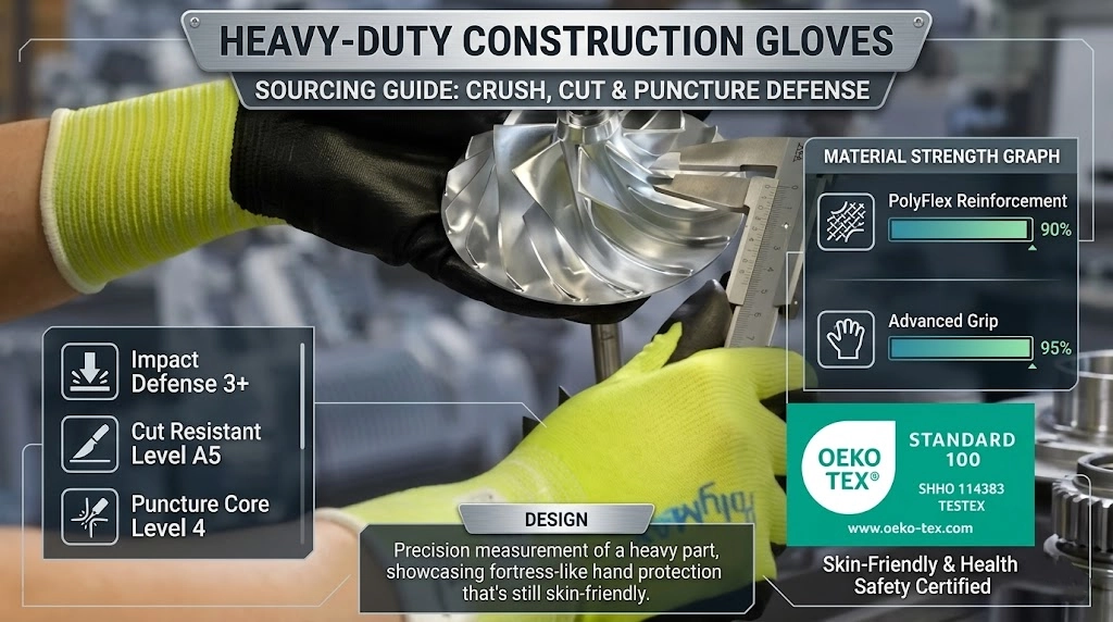 Premium SQG heavy-duty construction work gloves with TPR impact protection and cut-resistant palm layout