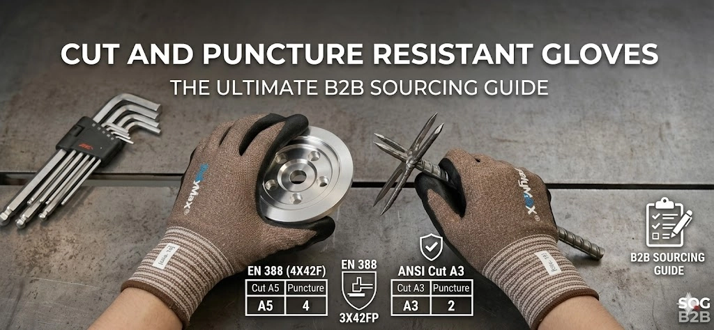 Worker wearing SQG cut and puncture resistant gloves with salt-and-pepper liner on a harsh construction site handling sharp steel