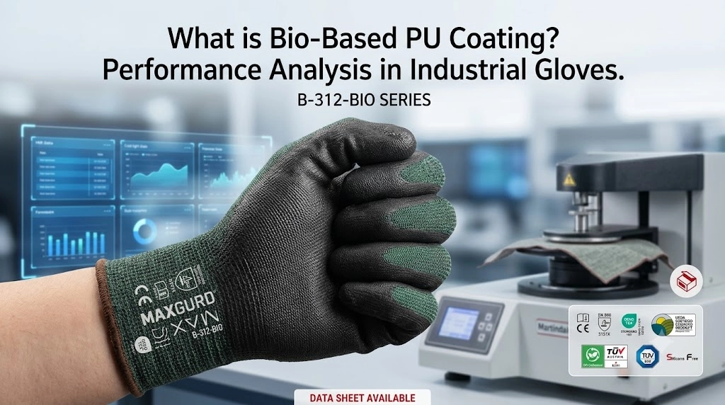 Featured image deconstructing what is bio-based PU coating and sustainable industrial safety gloves performance for global procurement compliance.