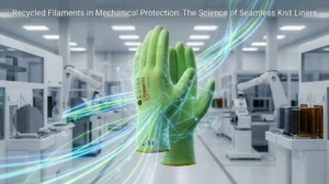 A high-tech green 13-gauge seamless knit safety glove made from recycled filaments in a modern precision manufacturing facility.