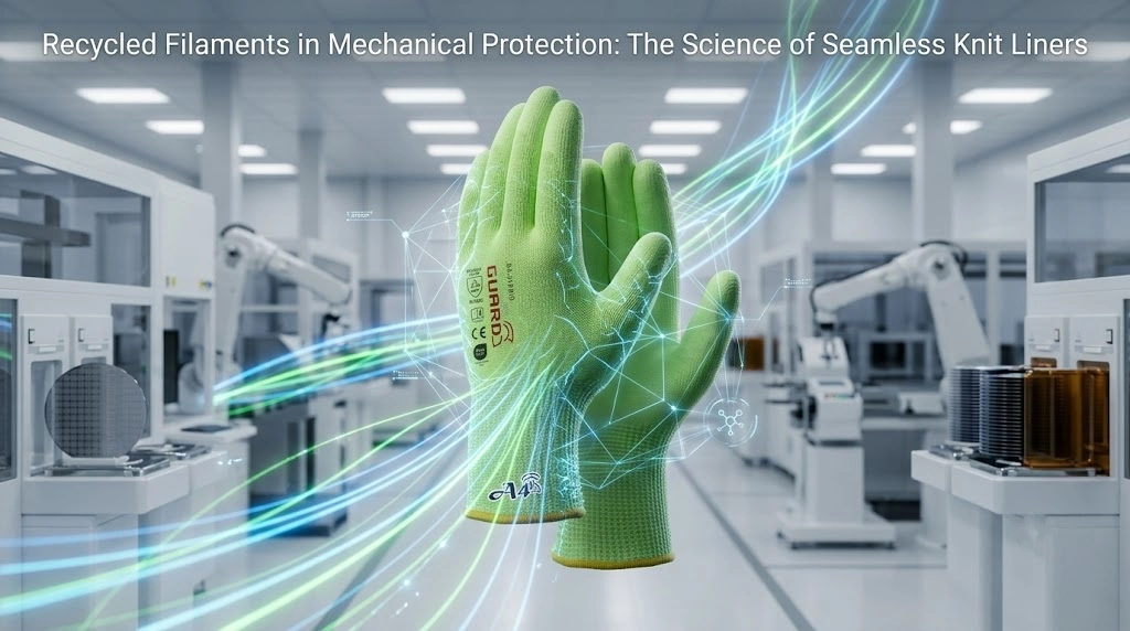 A high-tech green 13-gauge seamless knit safety glove made from recycled filaments in a modern precision manufacturing facility.