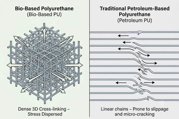 Molecular structure diagram comparing 3D cross-linked bio-based polyurethane vs linear chains of petroleum-based PU
