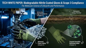 Featured cover of tech white paper on biodegradable nitrile coated gloves, illustrating the full lifecycle from high-performance active duty to targeted anaerobic landfill depolymerization for Scope 3 compliance.
