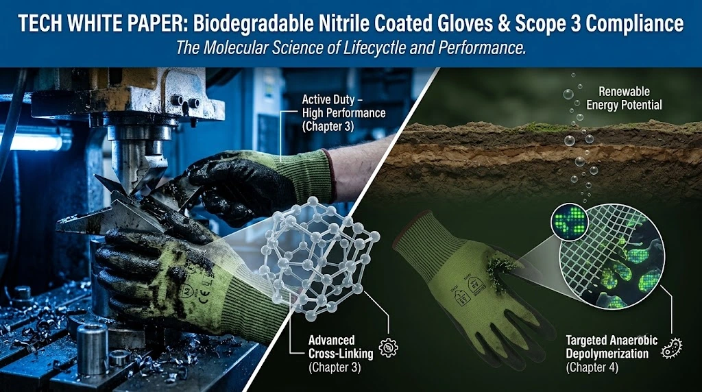 Featured cover of tech white paper on biodegradable nitrile coated gloves, illustrating the full lifecycle from high-performance active duty to targeted anaerobic landfill depolymerization for Scope 3 compliance.