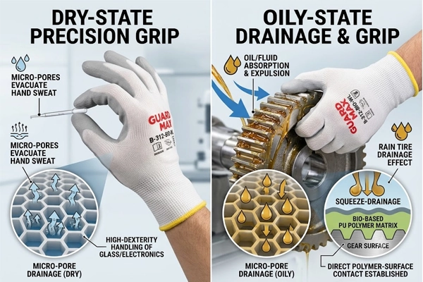 Infographic showing fluid channeling mechanism and microporous structure of bio-based PU glove coating in oily conditions