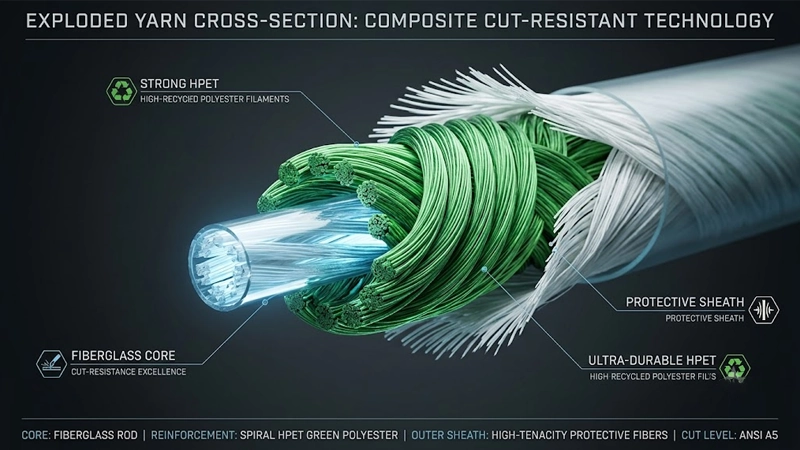 Deconstructed cross-section of composite cut-resistant yarn combining high-performance recycled polyester and fiberglass core