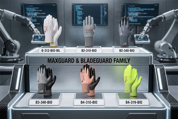 SQG certified green bio-based PU safety gloves product line including MAXGUARD and BLADEGUARD series