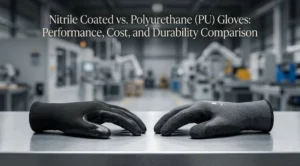 Comparison of Nitrile foam coated glove and smooth PU coated safety glove on factory workbench