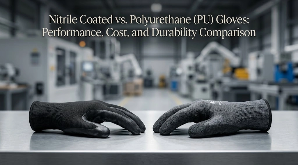 Comparison of Nitrile foam coated glove and smooth PU coated safety glove on factory workbench