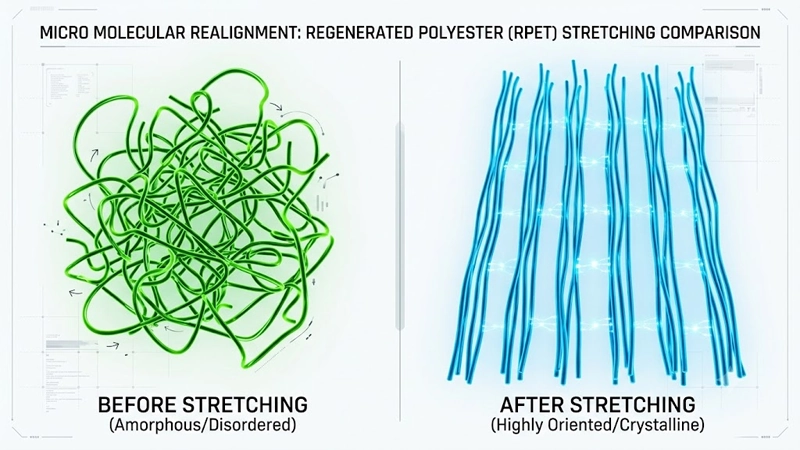 Molecular orientation and crystalline structure comparison between untreated recycled polyester and stretched RPET fiber