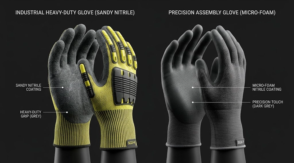 Comparison of sandy nitrile coated gloves and micro-foam nitrile safety gloves for industrial hand protection selection