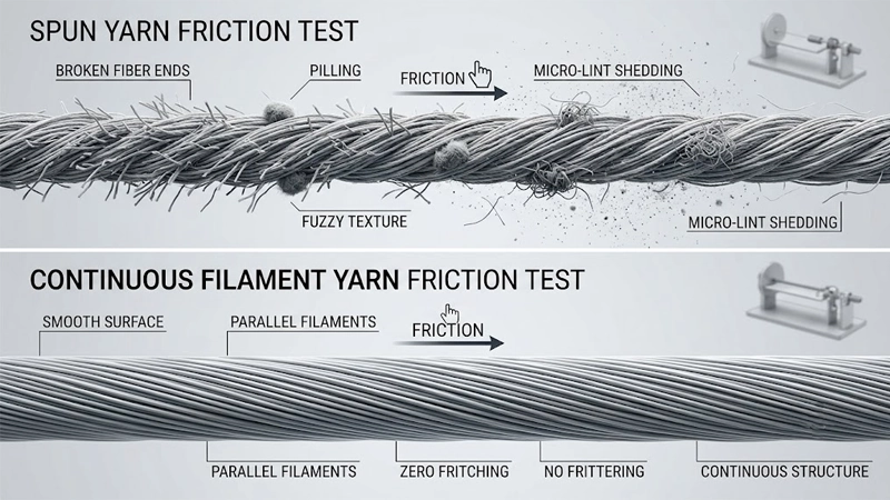Microscopic comparison of spun yarn fraying and continuous recycled filament lint-free performance under physical friction