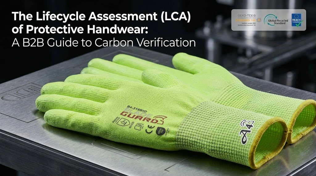 SQG sustainable protective gloves featuring bio-based PU coating and GRS certified RPET liner for B2B procurement carbon verification.