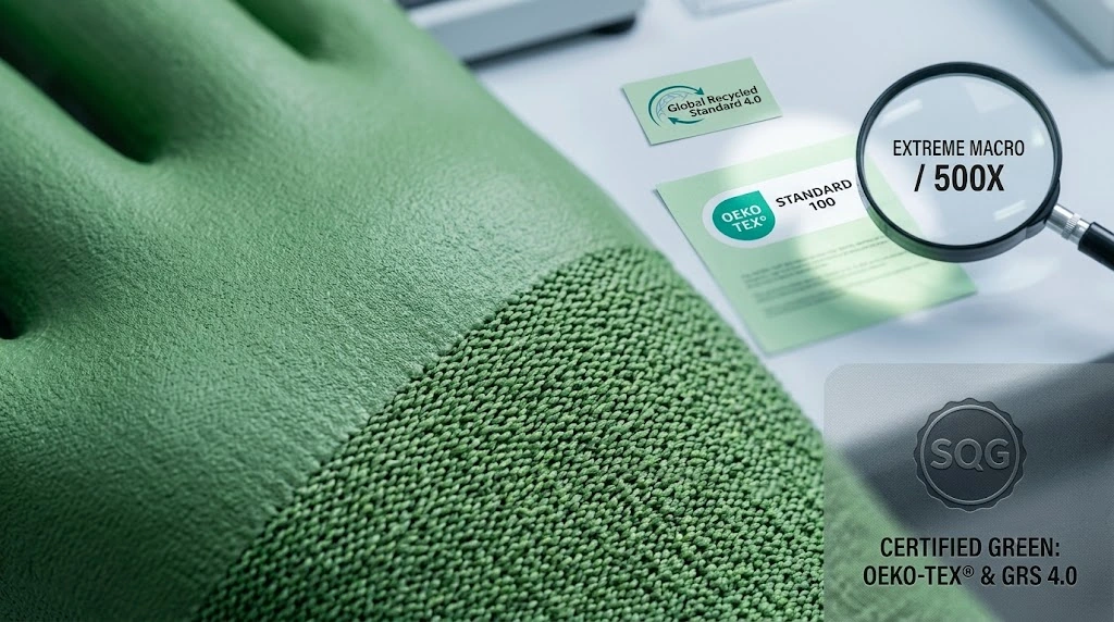 SQG sustainable safety gloves for B2B procurement showing certified eco-friendly materials and compliance branding.