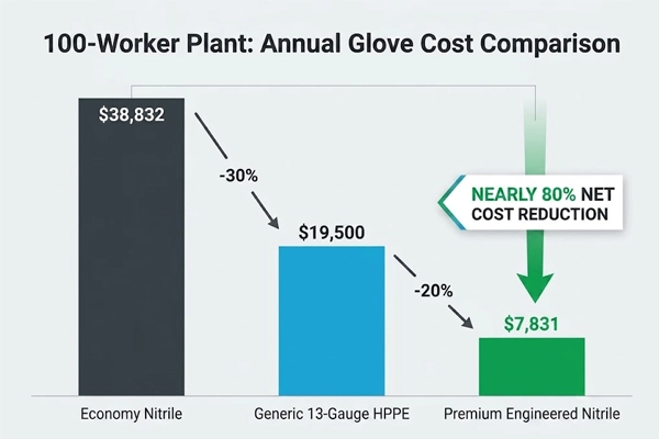 Financial comparison chart demonstrating annual net operational costs for 100-worker manufacturing plant across three nitrile glove grades