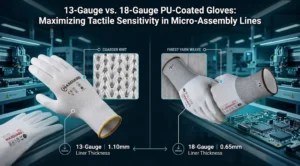 Technical diagram comparing knitting density, yarn denier, and finished thickness of 13-gauge vs 18-gauge PU coated gloves