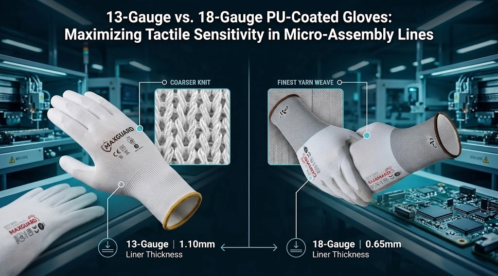 Technical diagram comparing knitting density, yarn denier, and finished thickness of 13-gauge vs 18-gauge PU coated gloves