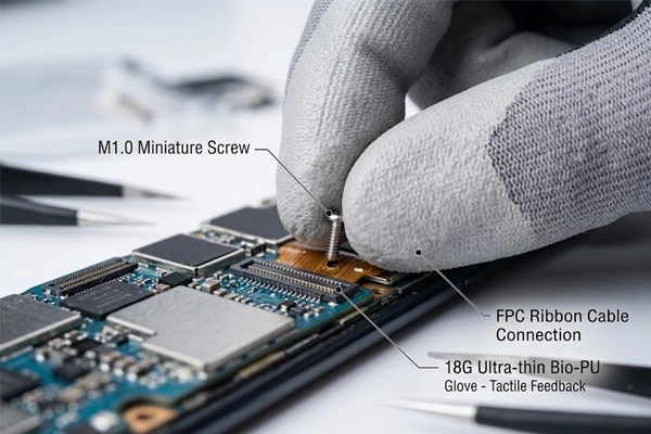 Worker wearing 18-gauge PU coated glove assembling M1.2 micro-screws on a precision electronics assembly line
