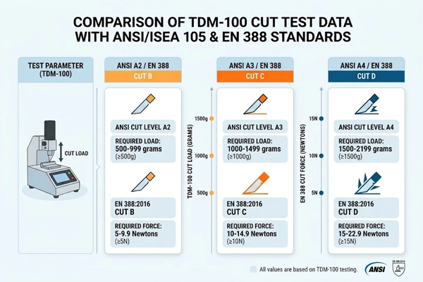 Infographic comparing ASTM F2992-15 cut load grams for ANSI A2 to A4 with EN 388 ISO 13997 Newtons.
