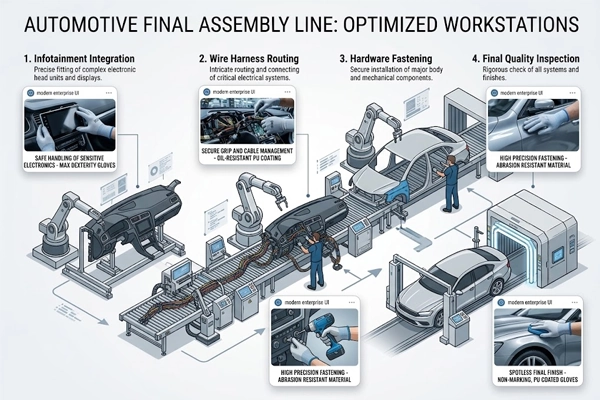 Industrial diagram showing SQG B-318-BIO 18-gauge PU gloves standardized across cockpit assembly, wire routing, and quality inspection.