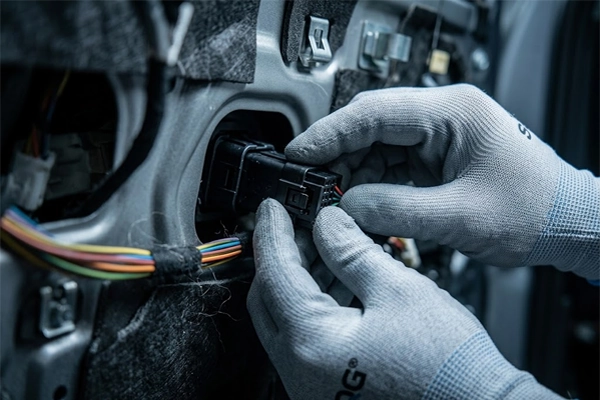 Close-up of SQG B-318-BIO 18-gauge PU gloves mating a multi-pin automotive electrical connector with sub-Newton tactile feedback.