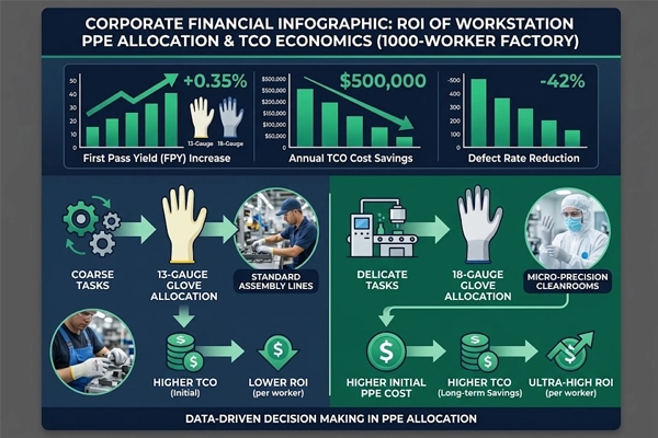 B2B economic model infographic showing Total Cost of Ownership (TCO) savings and yield improvement through workstation glove allocation