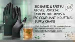 Eco-friendly bio-based PU coated work gloves made from 100% GRS certified recycled PET bottle fiber with green leaf and carbon footprint reduction concept.
