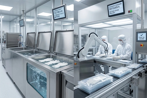 18 megohm deionized water washing and ISO Class 4 double-bagged packaging process for cleanroom PU gloves