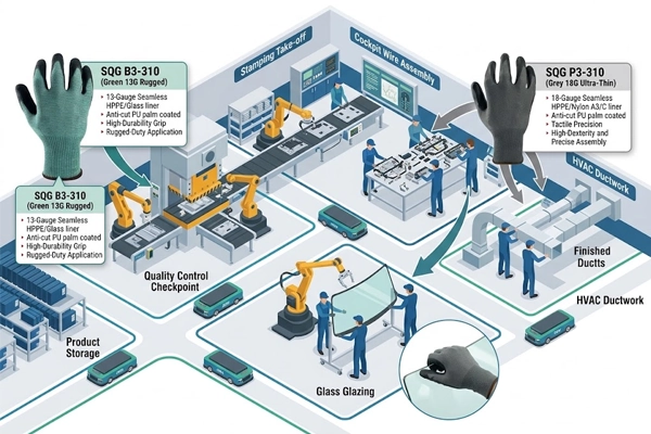 Industrial workstation matrix displaying SQG B3-310 and P3-310 cut-resistant gloves applied across stamping, assembly, and glass glazing.