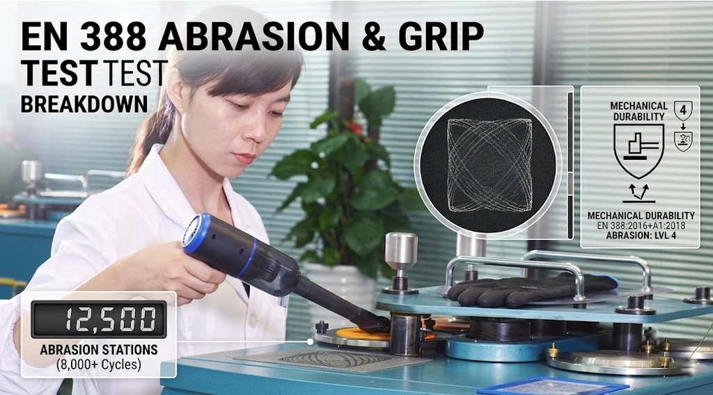 Martindale abrasion test equipment evaluating EN 388 Level 4 nitrile coated safety glove