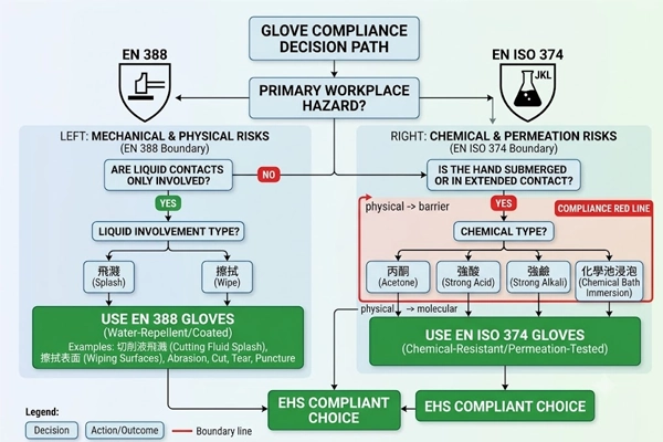EN 388 mechanical splash barrier versus EN ISO 374 chemical permeation standard comparison