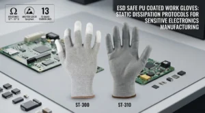esd safe pu coated work gloves comparing ST-300 fingertip and ST-310 palm coated carbon fiber models