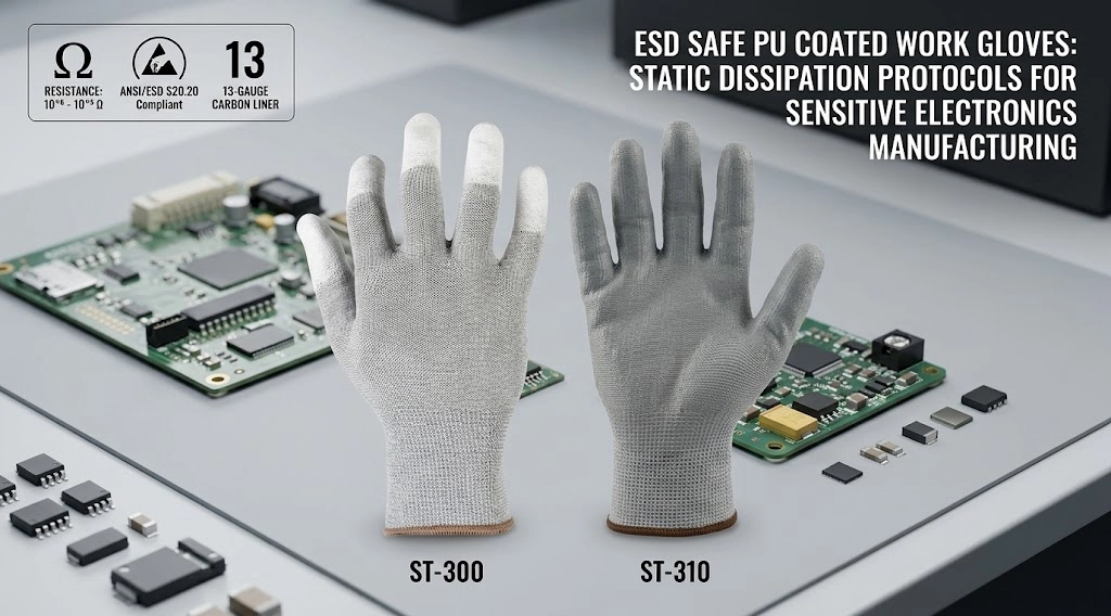 esd safe pu coated work gloves comparing ST-300 fingertip and ST-310 palm coated carbon fiber models