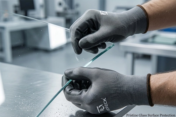 Worker wearing SQG P3-310 non-marking cut-resistant gloves lifting a large sheet of architectural glass by its sharp edges.