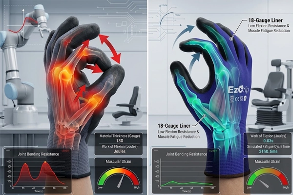 Ergonomic chart showing finger flexion resistance and muscle fatigue reduction in 18-gauge vs 13-gauge work gloves