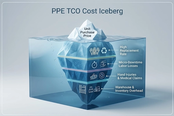 Total Cost of Ownership (TCO) iceberg infographic illustrating hidden costs of low-cost industrial safety gloves vs unit purchase price