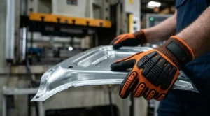 Heavy-duty cut and impact resistant nitrile gloves handling sharp sheet metal in automotive stamping plant