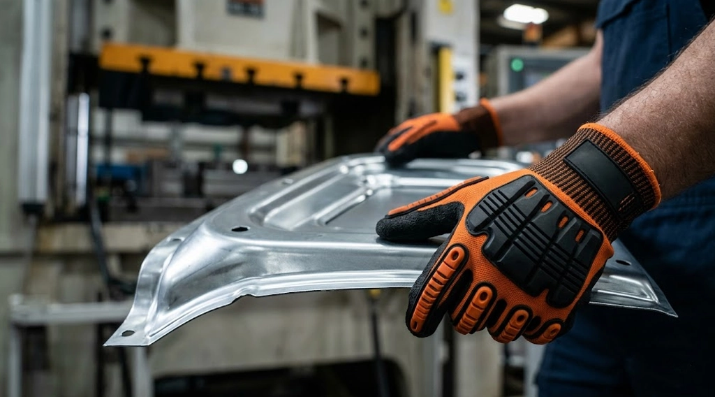 Heavy-duty cut and impact resistant nitrile gloves handling sharp sheet metal in automotive stamping plant
