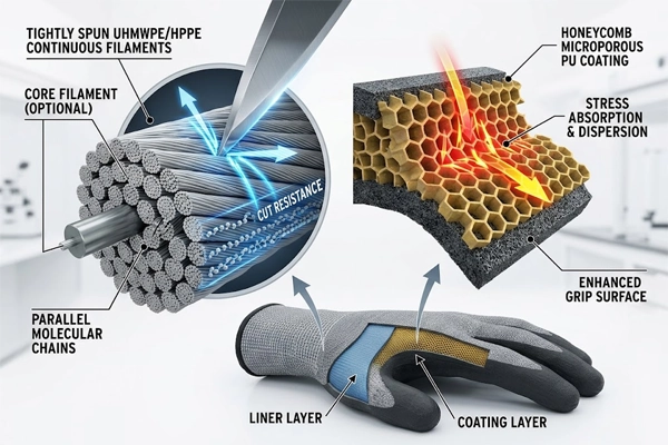 Technical diagram showing HPPE fiber molecular orientation and microporous PU palm coating dispersing microscopic shear forces.