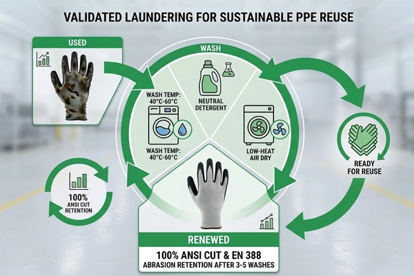 Diagram showing industrial laundering process and mechanical protection retention across multiple washing cycles for nitrile safety gloves