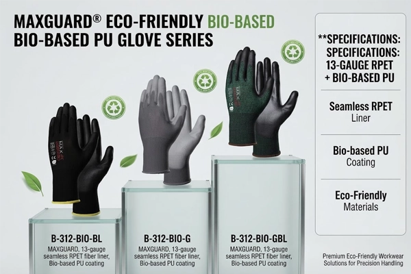 SQG MAXGUARD eco-friendly bio-based PU coated work gloves series with 13-gauge recycled RPET liner