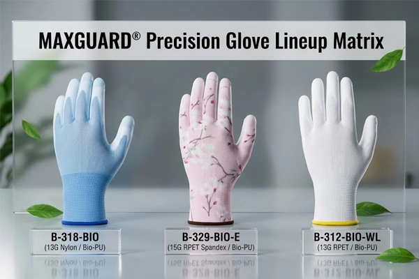 SQG MAXGUARD precision PU work glove lineup: B-318-BIO 13-gauge, B-329-BIO 15-gauge spandex blend, and B-312-BIO sustainable series