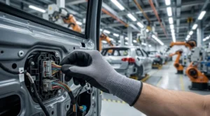 Automotive worker wearing ultra-thin nitrile coated glove assembling precision wire harness